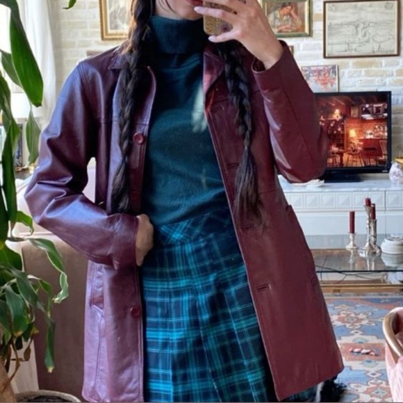 Vintage 1970s Cherry Cola Burgundy Leather Jacket Belted Leather Wrap Coat - Picture 13 of 13